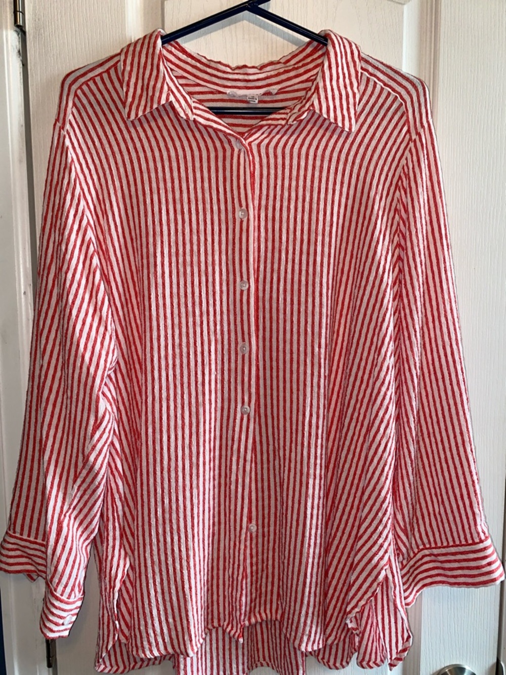 Jane and Delancey Red and White Striped Button-Down Shirt